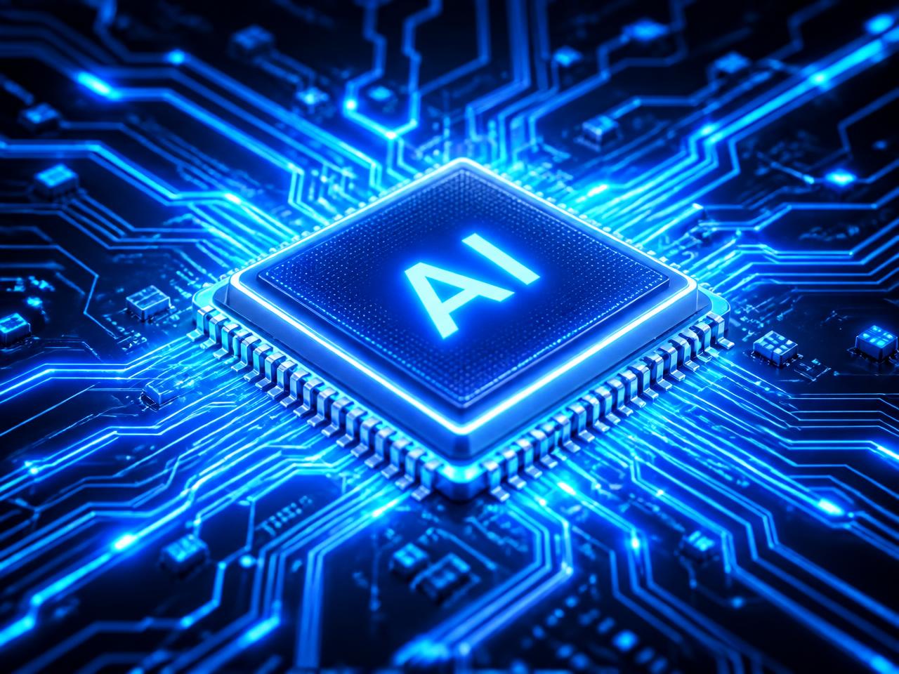 Glowing AI microchip on a circuit board